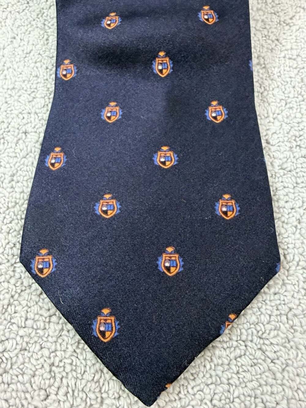 Ted Lapidus Paris Silk Necktie Navy Blue Crest Shield Emblem Print